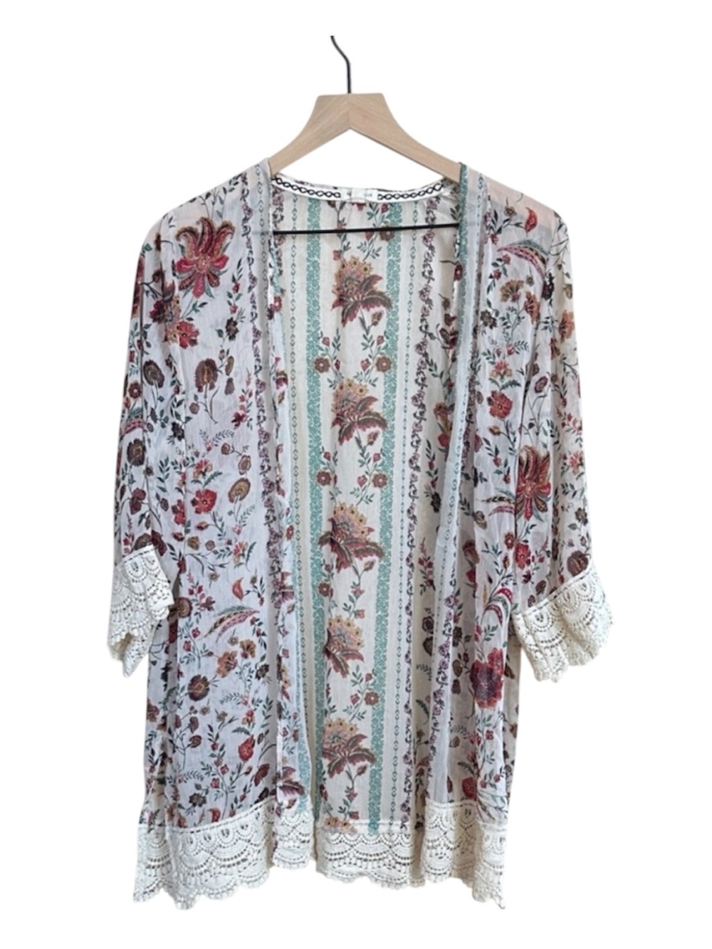 Mason & Belle Floral Boho Kimono Cardigan Lace Trim Size Large